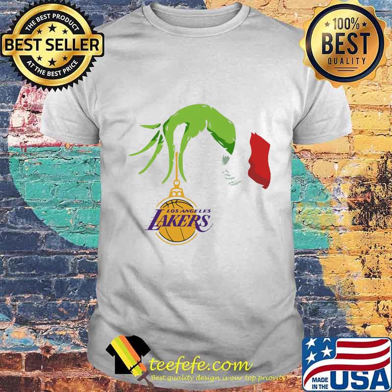 Merry christmas grinch holding los angeles lakers logo shirt