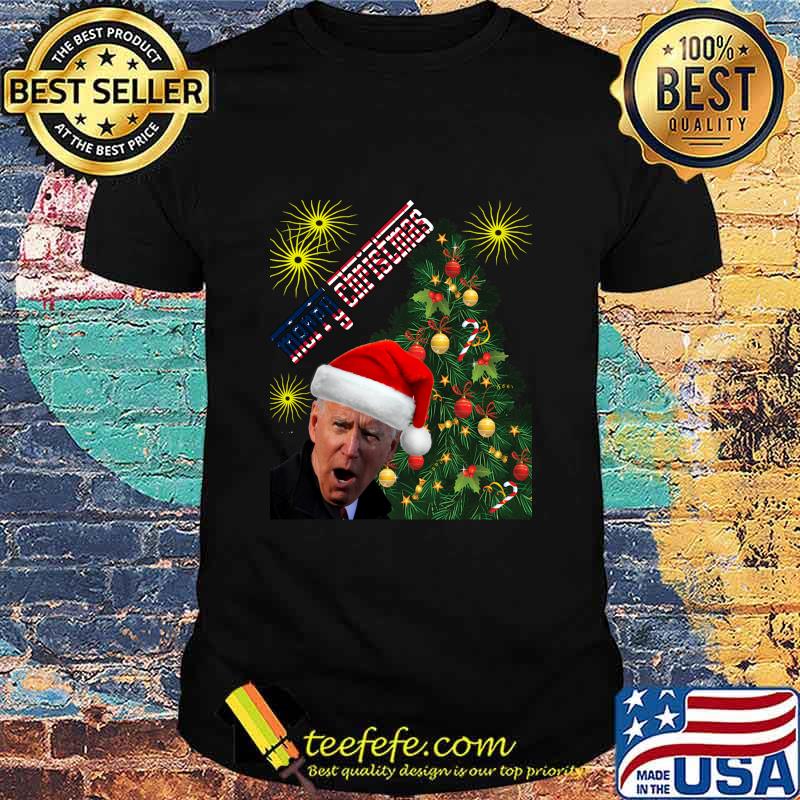 Merry Christmas Xmastree Joe Biden Wear Santa Hat American Flag Shirt