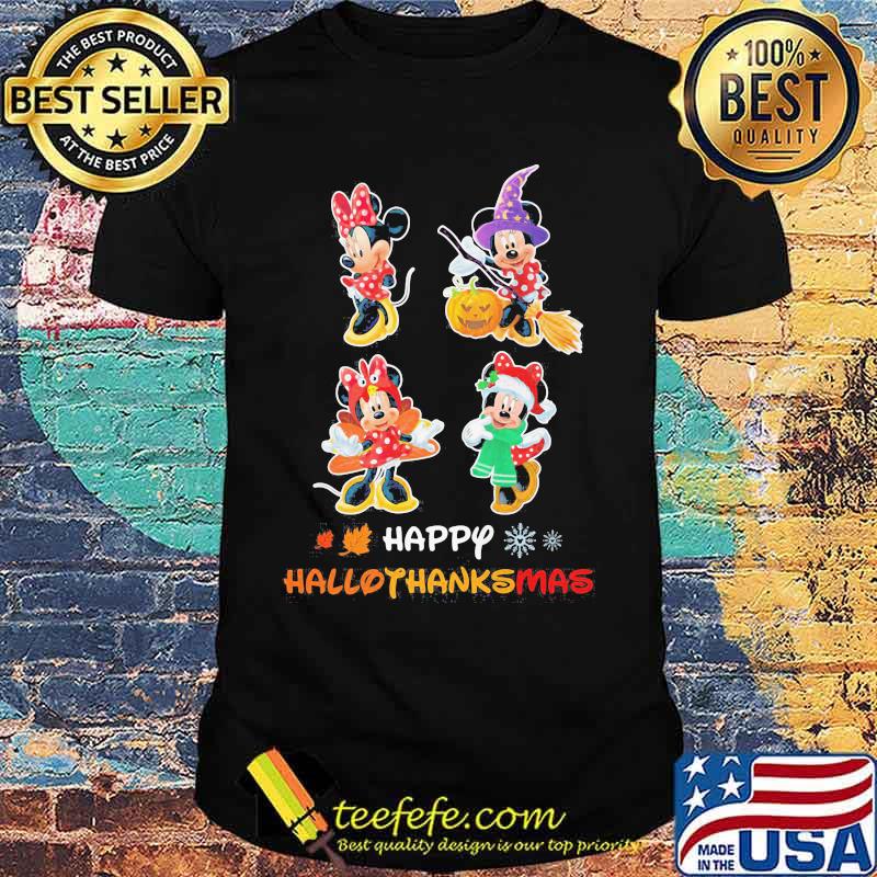 Mickey mouse and minnie mouse happy hallothanksmas halloween thanksgiving christmas shirt