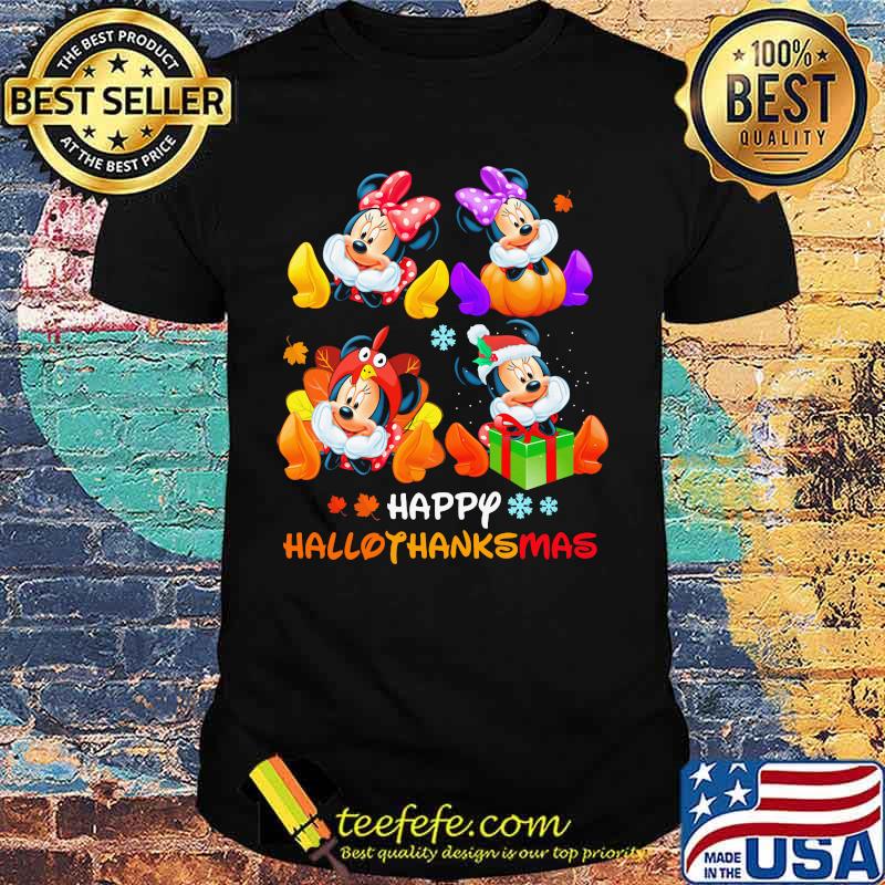 Minnie and mickey mouse happy hallothanksmas halloween thanksgiving christmas shirt