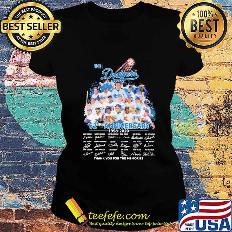 The dodgers 62nd anniversary 1958-2020 thank you for the memories signatures s Ladies tee The dodgers 62nd anniversary 1958-2020 thank you for the memories signatures s Ladies tee