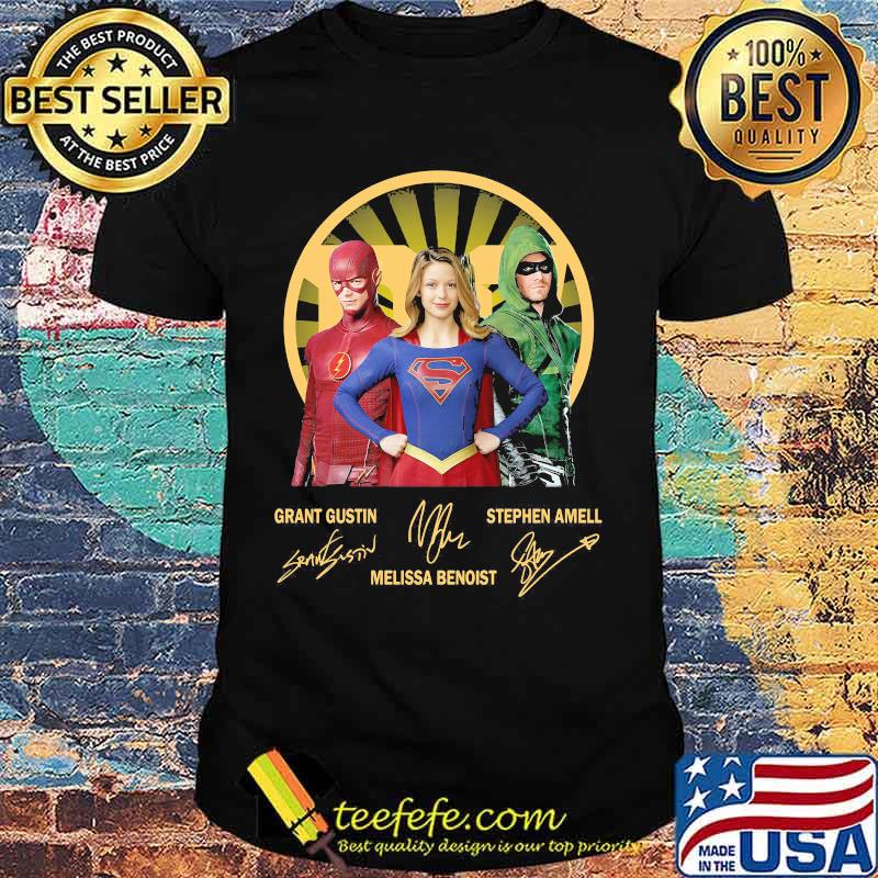 Grant Gustin Melissa Benoist Stephen Amell Heros Signuature Shirt Grant Gustin Melissa Benoist Stephen Amell Heros Signuature Shirt