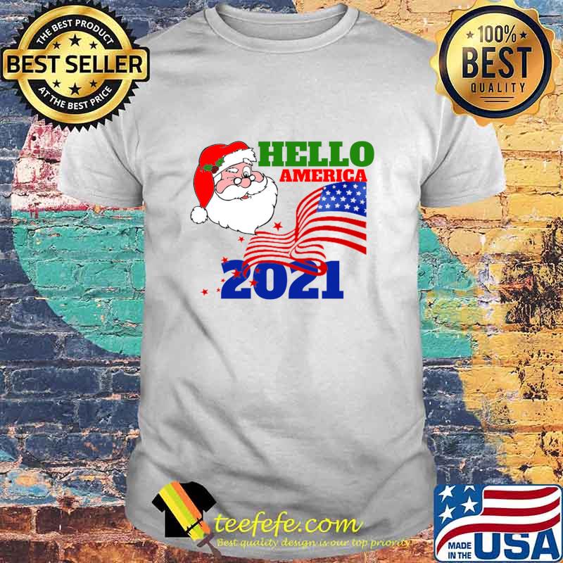 Hello America 2021 Santa Claus Merry Christmas Usa Flag Shirt