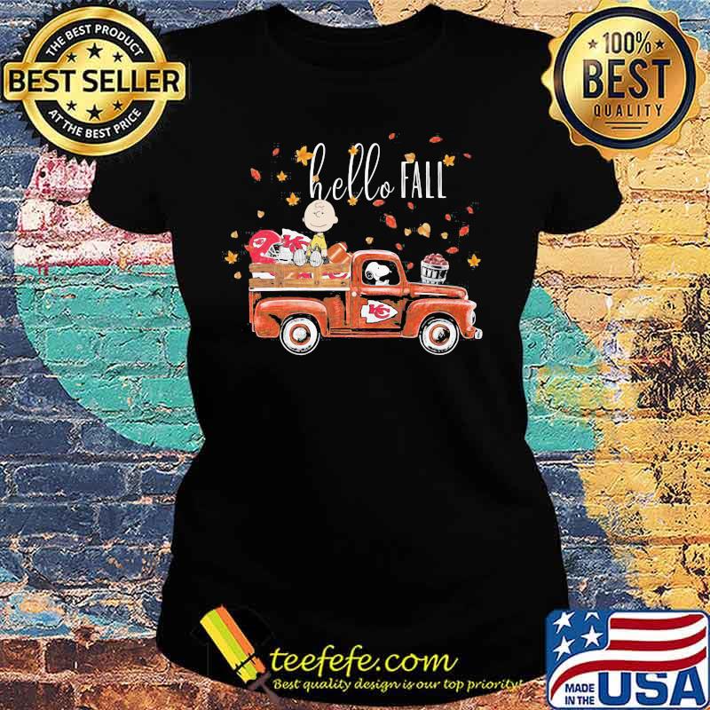 Hello Fall Snoopy Ricing Car Red With Peanuts Kansas City Chiefs Shirt Ladies tee Hello Fall Snoopy Ricing Car Red With Peanuts Kansas City Chiefs Shirt Ladies tee