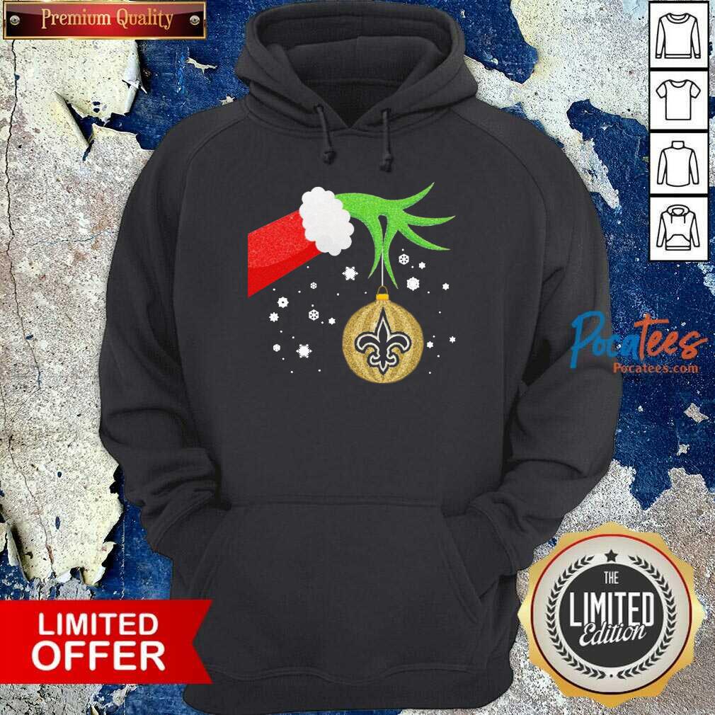 Top The Grinch Hand Holding Ornament New Orleans Saints Christmas Shirt