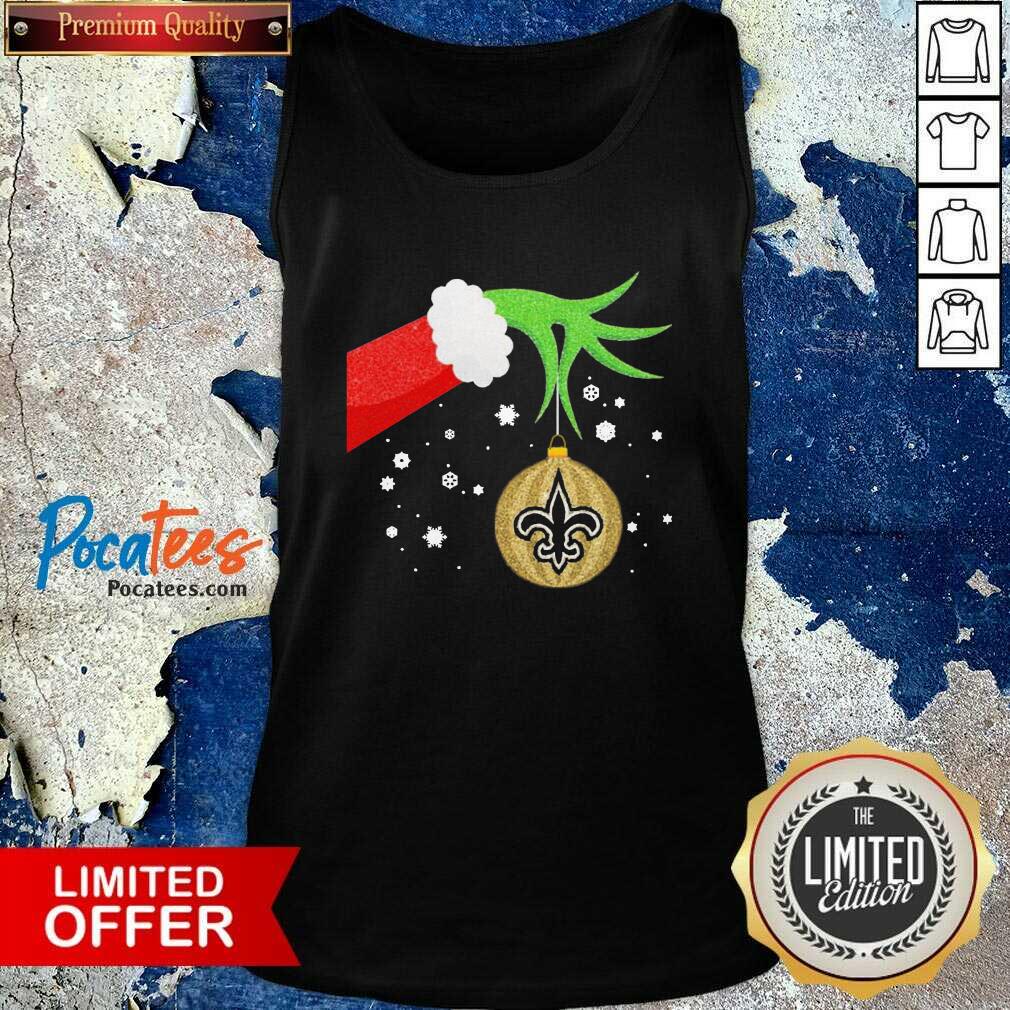 Top The Grinch Hand Holding Ornament New Orleans Saints Christmas Shirt