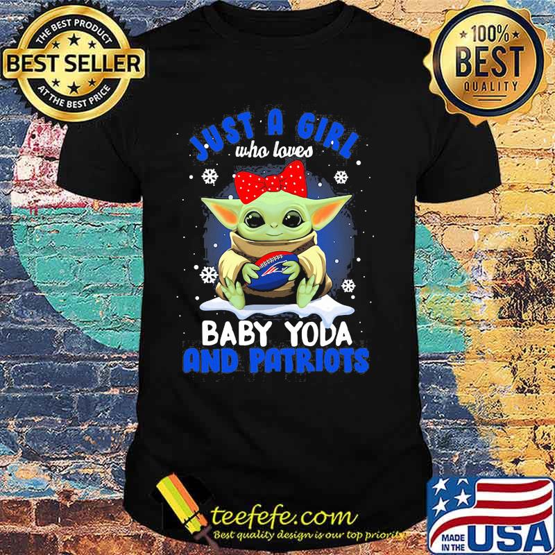 Just A Girl Who Loves Baby Yoda Wear Polka Dot Red Bow And Patriots Ball Shirt