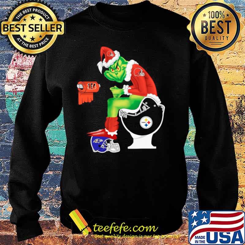Cleveland Browns Grinch sitting on Pittsburgh Steelers toilet and step on Baltimore Ravens helmet Sweater Cleveland Browns Grinch sitting on Pittsburgh Steelers toilet and step on Baltimore Ravens helmet Sweater