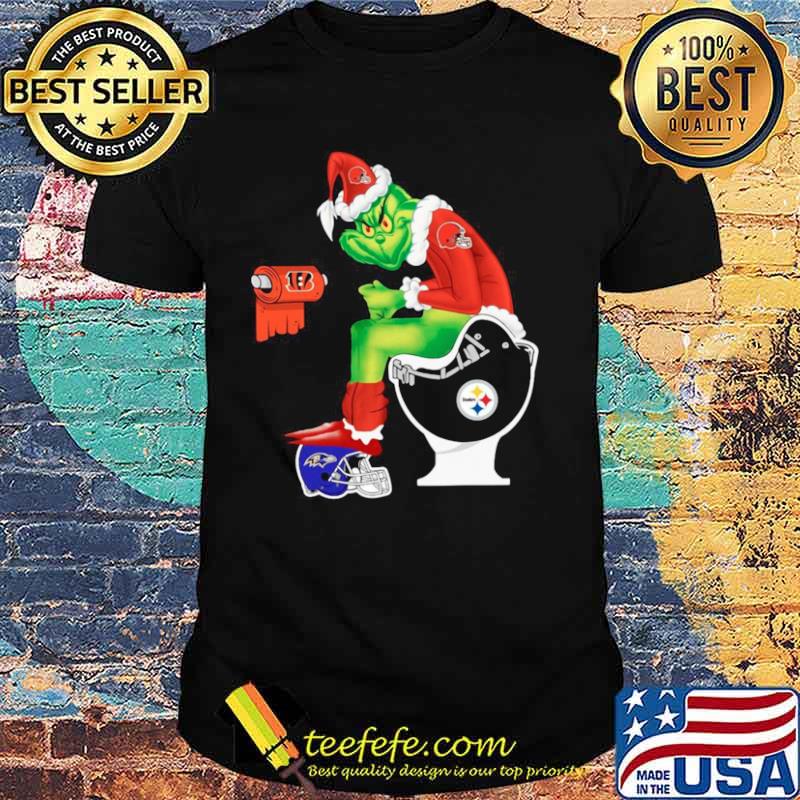 Cleveland Browns Grinch Sitting On Pittsburgh Steelers Toilet And Step On  Baltimore Ravens Helmet Christmas Shirt