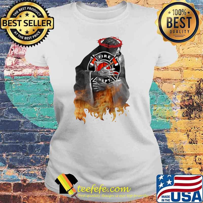 Jesus With Firefighter Logo Shirt Laides tee Jesus With Firefighter Logo Shirt Laides tee