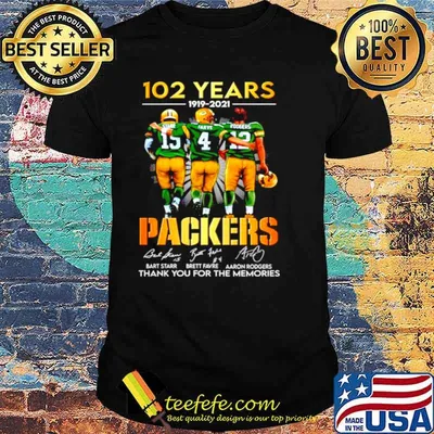 Starr Favre Rodgers 102 Years 1919 2021 Green Bay Packers signatures shirt