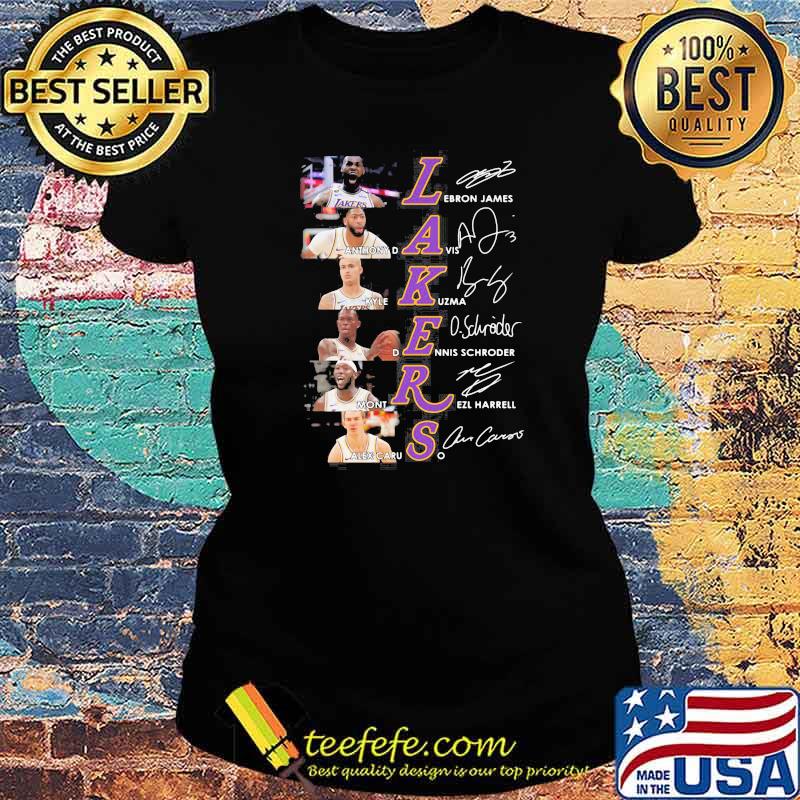 Lakers Lebron James Anthony Davis Kyle Kuzma Dennis Schroder Mont Rezl Harrell Alex Caruso signatures Ladies tee Lakers Lebron James Anthony Davis Kyle Kuzma Dennis Schroder Mont Rezl Harrell Alex Caruso signatures Ladies tee