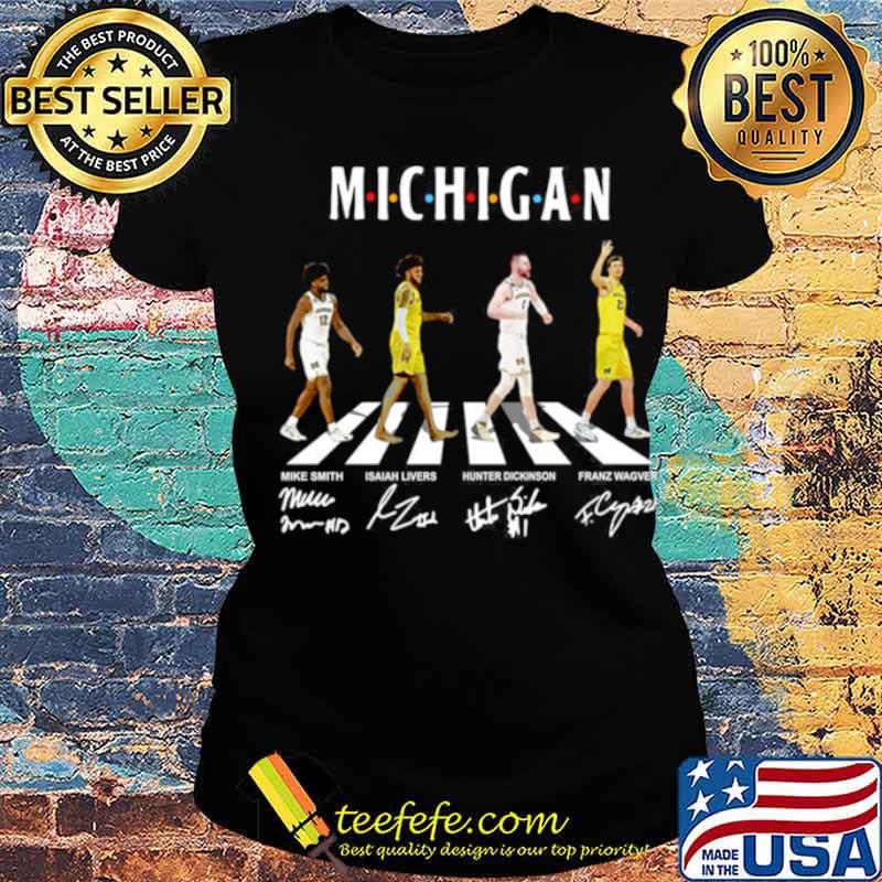 Michigan Mike Smith Isaiah Livers Hunter Dickinson Franz Wagner Abbey Road Signatures Ladies tee Michigan Mike Smith Isaiah Livers Hunter Dickinson Franz Wagner Abbey Road Signatures Ladies tee