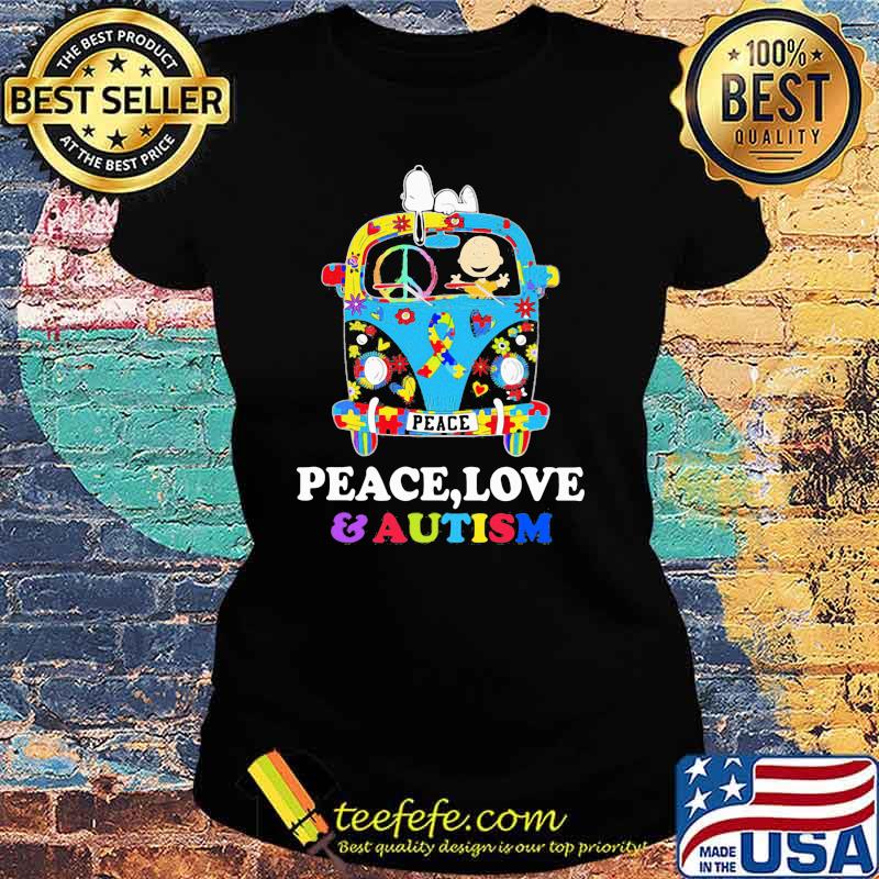 Peace Love And Autism Awareness Bus Snoopy Shirt Ladies tee Peace Love And Autism Awareness Bus Snoopy Shirt Ladies tee