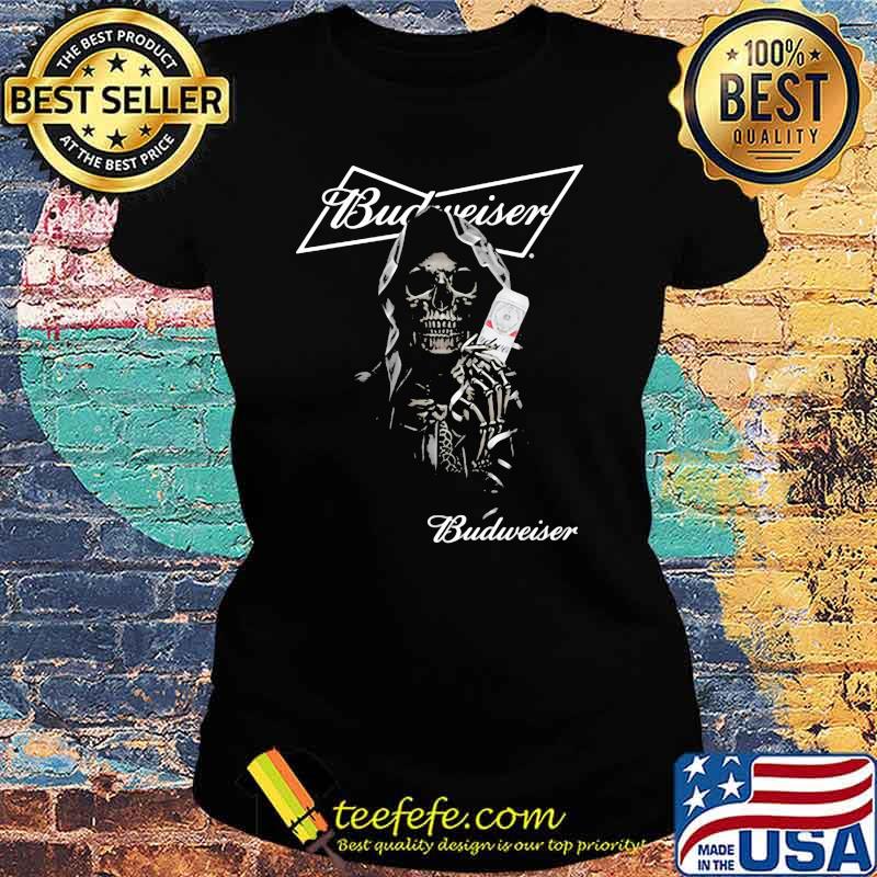 Skull Holding Budweiser Beer Logo Shirt Ladies tee Skull Holding Budweiser Beer Logo Shirt Ladies tee