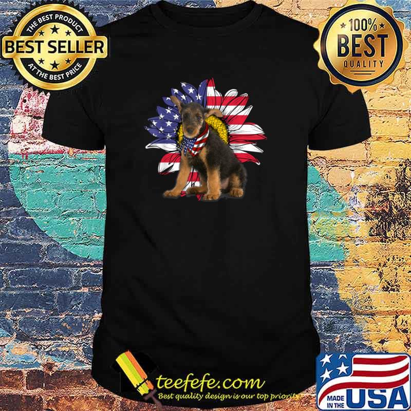 Sunflower American Flag Airedale Terrier Dog Lovers Owners Shirt
