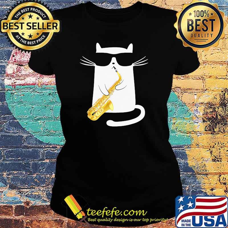 White cat playing saxophone Ladies tee White cat playing saxophone Ladies tee
