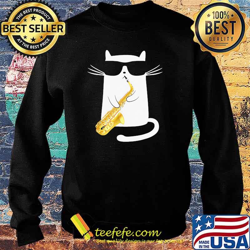 White cat playing saxophone Sweater White cat playing saxophone Sweater