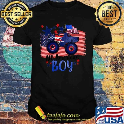 All American Boy Monster Truck Boy 4th July American Flag T-Shirt