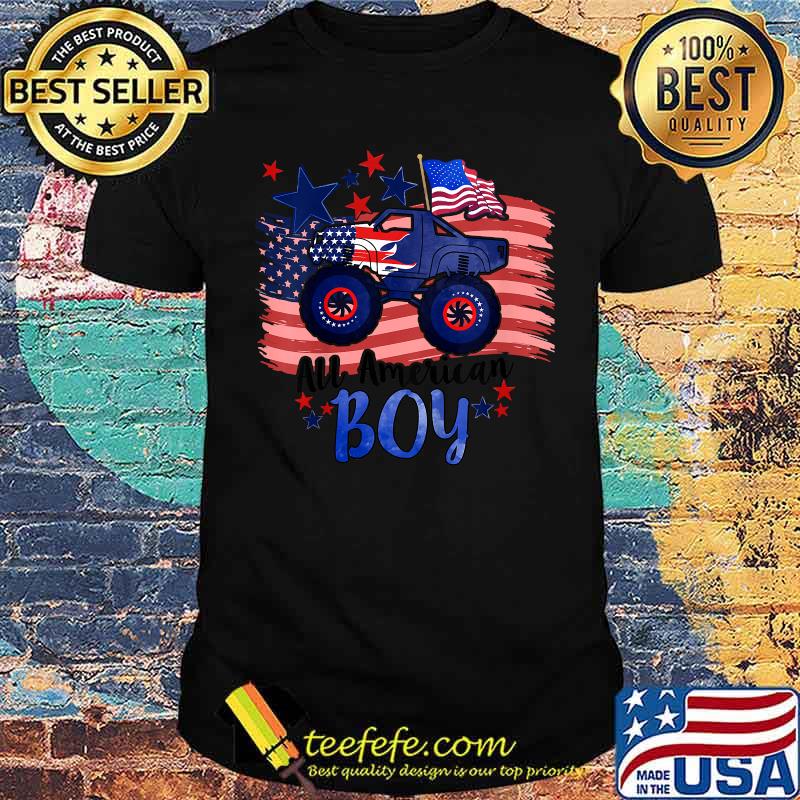 All American Boy Monster Truck Boy 4th July American Flag T-Shirt