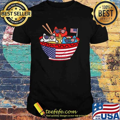 Cats Ramen Anime American Flag USA Funny 4th Of July Independence T-Shirt