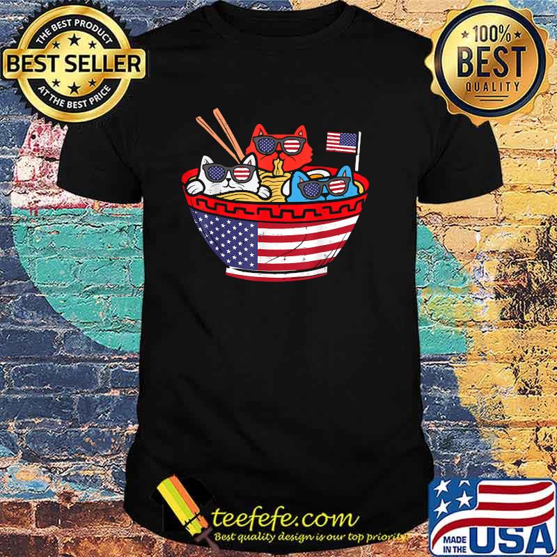 Cats Ramen Anime American Flag USA Funny 4th Of July Independence T-Shirt