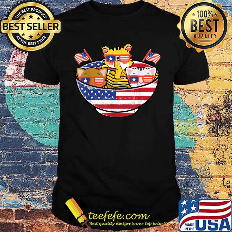 Funny Cats Ramen Anime American Flag USA 4th Of July T-Shirt