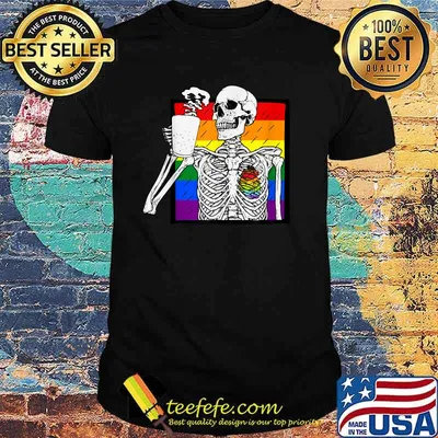 Goth Skeleton Coffee Gay Lesbian Pride Rainbow Human Heart T-Shirt