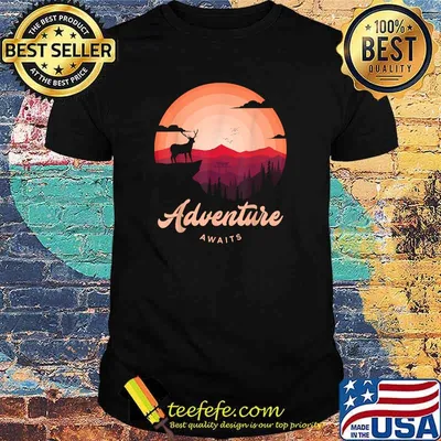 Adventure Awaits Vintage Sunset Mountain Deer Forest T-Shirt