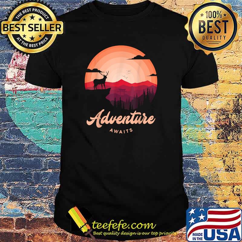 Adventure Awaits Vintage Sunset Mountain Deer Forest T-Shirt