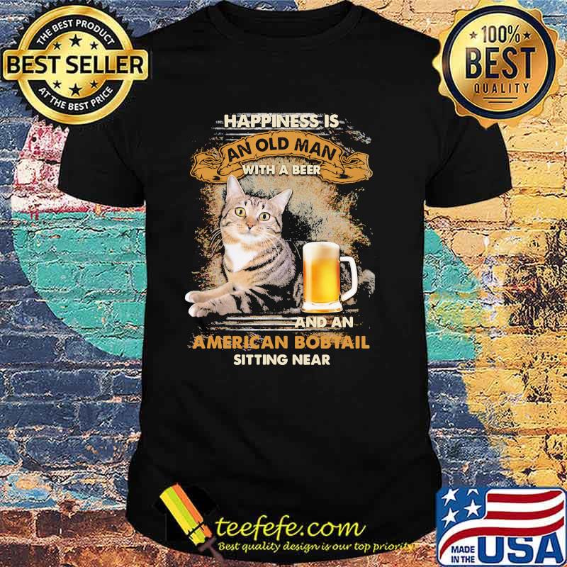 Happiness is an old man with a beer and an american bobtail sitting near cat shirt