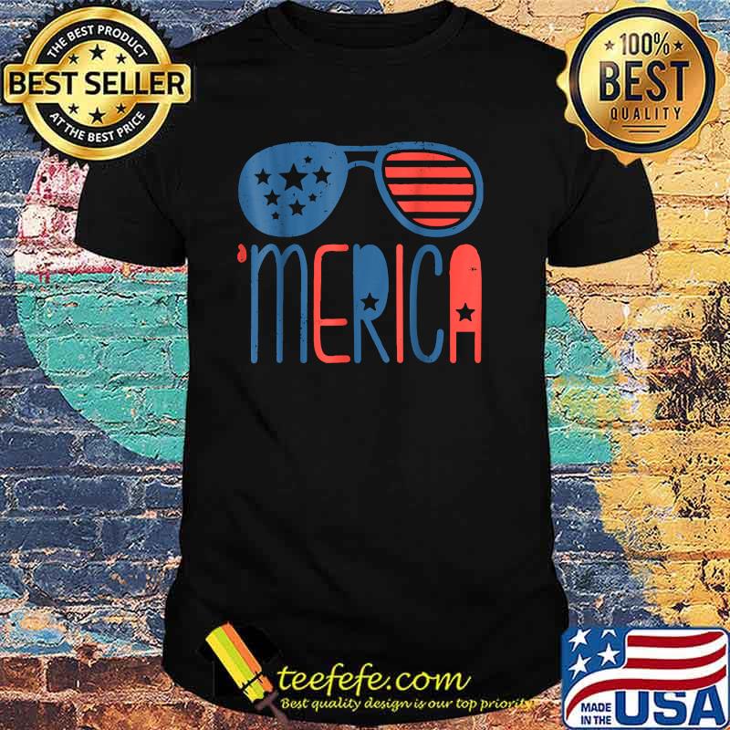 Merica American Flag Sunglasses 4th July WHITE T-Shirt Merica American Flag Sunglasses 4th July WHITE T-Shirt