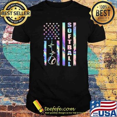 Softball American Flag Heart Beat Hologram T-Shirt