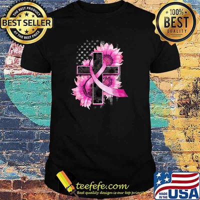 Christian Cross Pink Ribbon Sunflower Breast Cancer Warrior American Flag T-Shirt