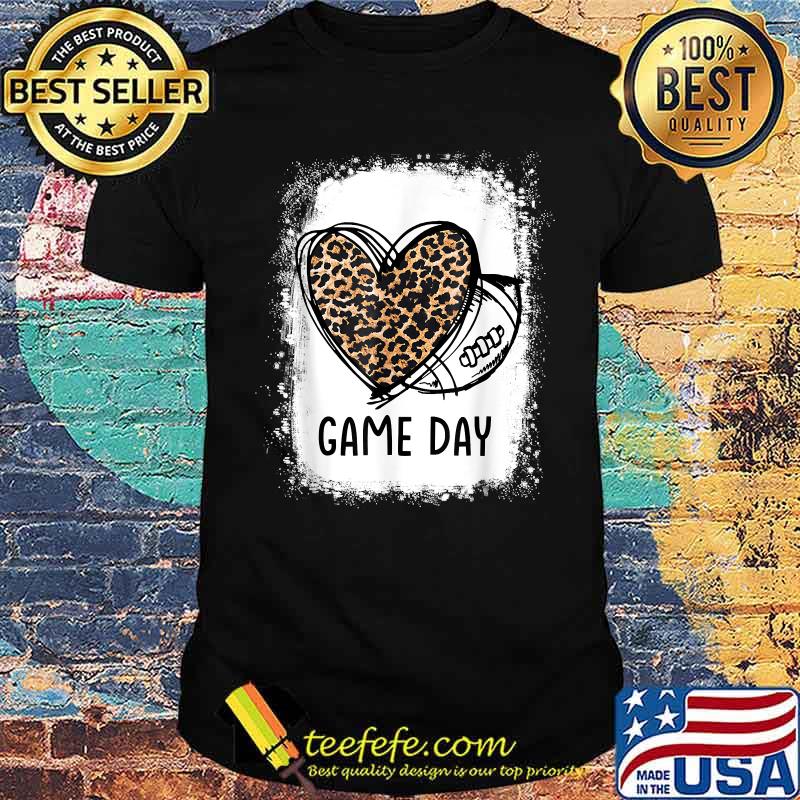 Game Day Leopard Heart Football Lovers Mom Bleached T-Shirt