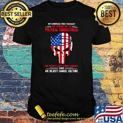 We embrace free thought we stand up to political correctness we reject left wing lunacy trump punisher usa flag shirt