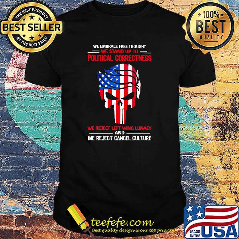 We embrace free thought we stand up to political correctness we reject left wing lunacy trump punisher usa flag shirt