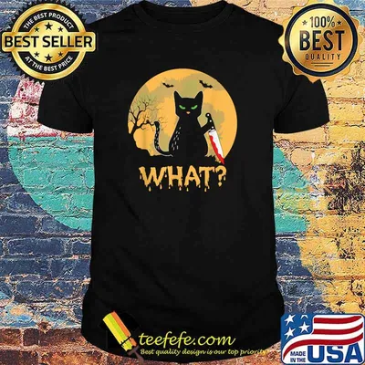 CAT WHAT Murderous Black Cat with Knife Halloween Moon T-Shirt