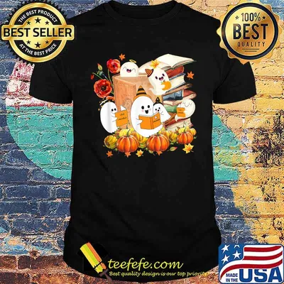 Cute Ghost Book Reading Halloween Teacher Library Funny T-Shirt