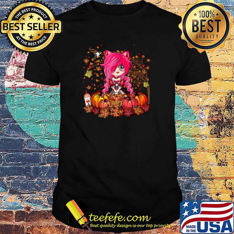 Fall Cat Ears Anime Girl Cute Autumn Pumpkins Manga Teen T-Shirt