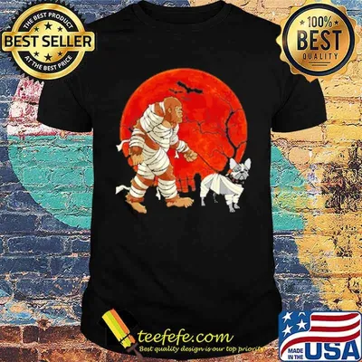 Halloween Bigfoot Wearing Mummy Costume and Frenchie Blood Moon Shirt