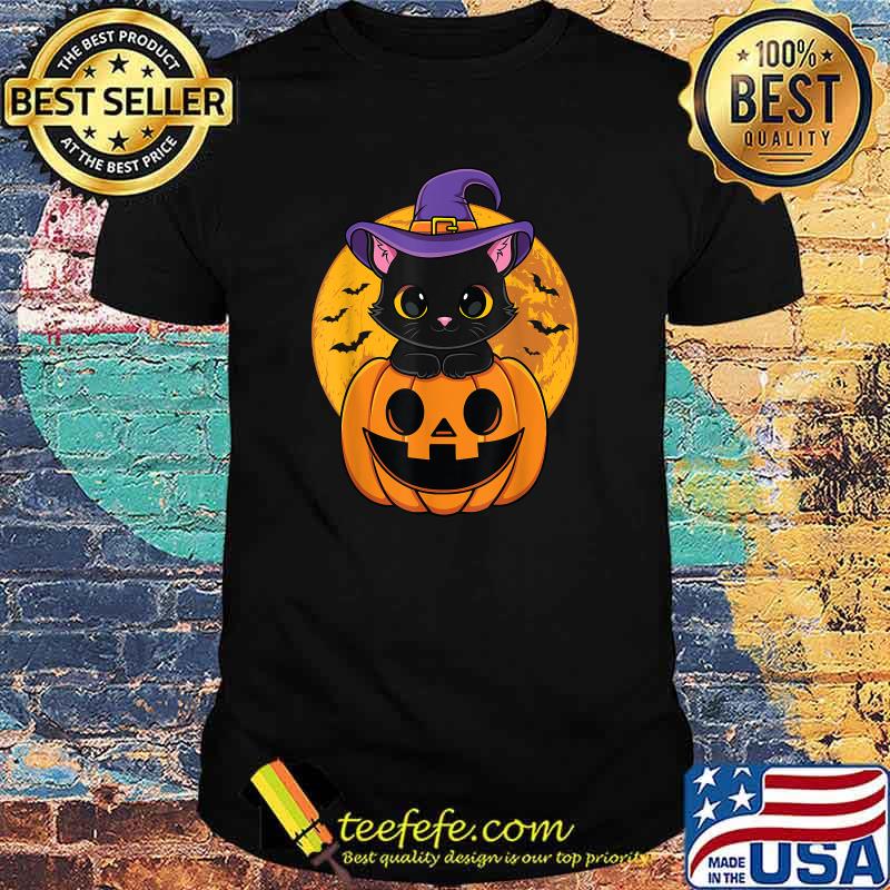 Halloween Black Cat Witch Hat Pumpkin T-Shirt