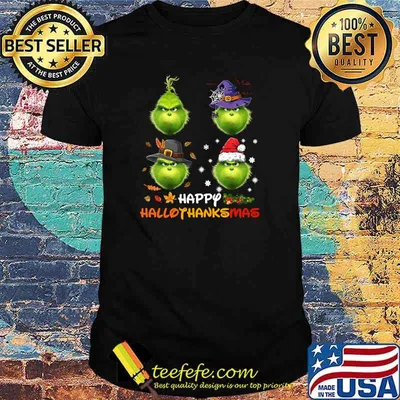 Happy Hallothanksmas Grinch Witch Hat ANd Santa Hat Christmas T-Shirt