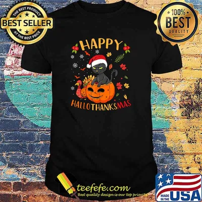 Happy HallowThankMas Black Cat Santa Hat Holiday Season Halloween Thanksgiving Xmas T-Shirt