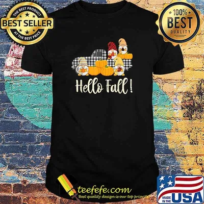 Hello Fall Gnome Pumpkin Black Plaid Pickup Truck Halloween T-Shirt