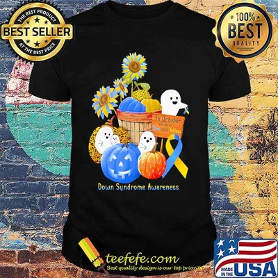 In October We Wear Blue And Yellow Down Syndrome Awareness Ghost Pumpkin Shirt