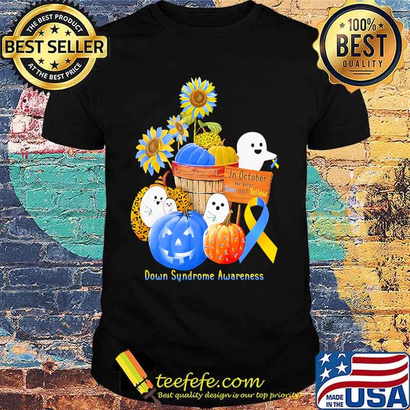 In October We Wear Blue And Yellow Down Syndrome Awareness Ghost Pumpkin Shirt