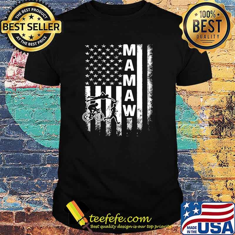 Mamaw American Flag Triathlon Running Swimming Bicycling T-Shirt