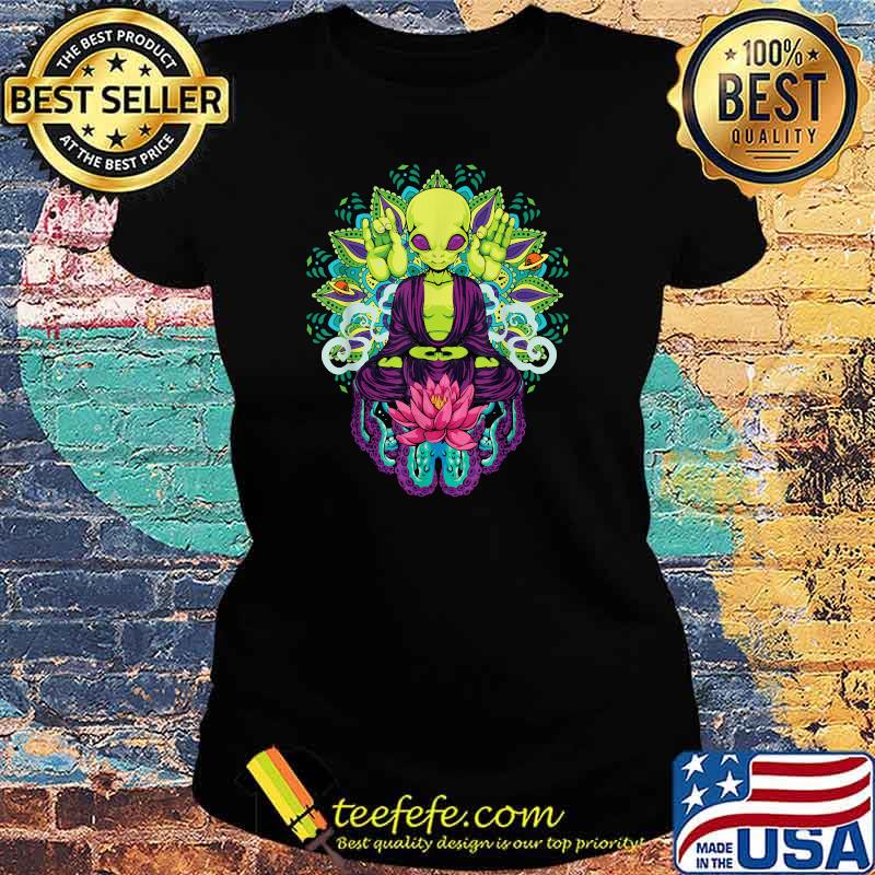 Meditating Alien Mandala Pink Lotus Flower T-Shirt Ladies tee Meditating Alien Mandala Pink Lotus Flower T-Shirt Ladies tee