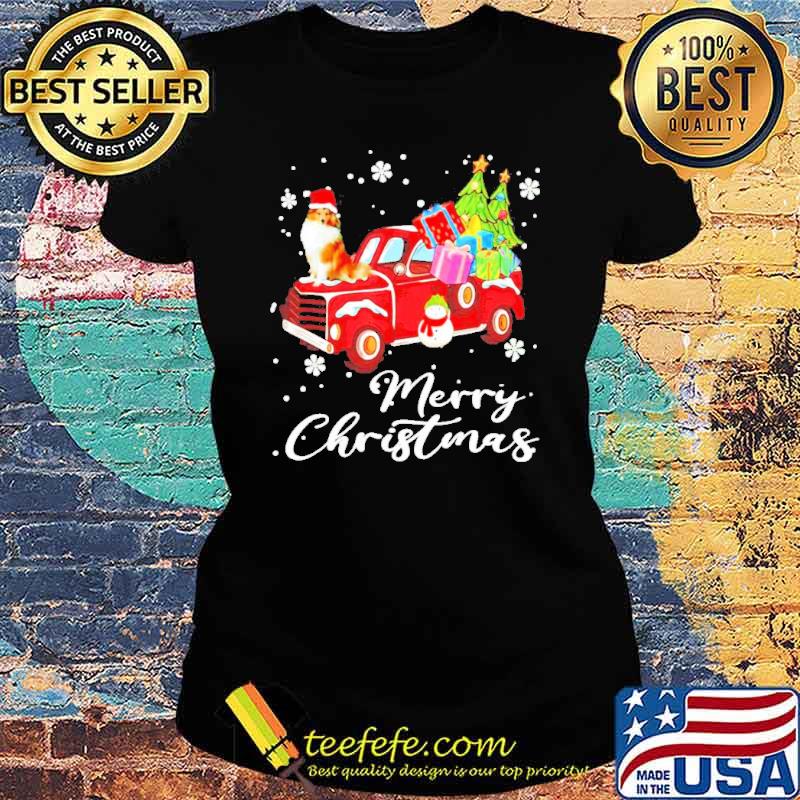 Merry Christmas light Dog Collie riding red truck s Ladies tee Merry Christmas light Dog Collie riding red truck s Ladies tee